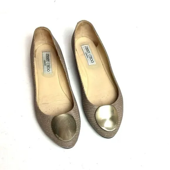 Jimmy Choo WRAY Ballet Flats Printed Leather Nude Gold Logo Medallion Italy US 7